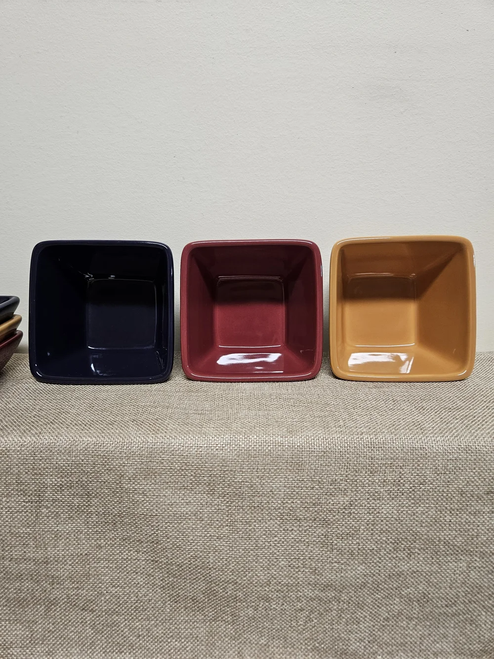 Pampered Chef Ceramic Snack Set in Burgundy, Mustard, and Navy